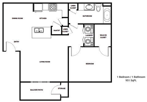 Floor plan for 1 bed, 1 bath, 951 sqft